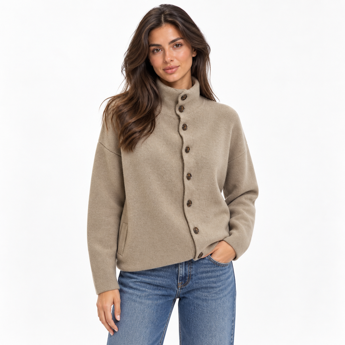 Marlene | Women's Stand-Collar Button-Up Knitted Cardigan – Relaxed Long-Sleeve Layer for Casual Autumn Winter Days and Smart Everyday Wear