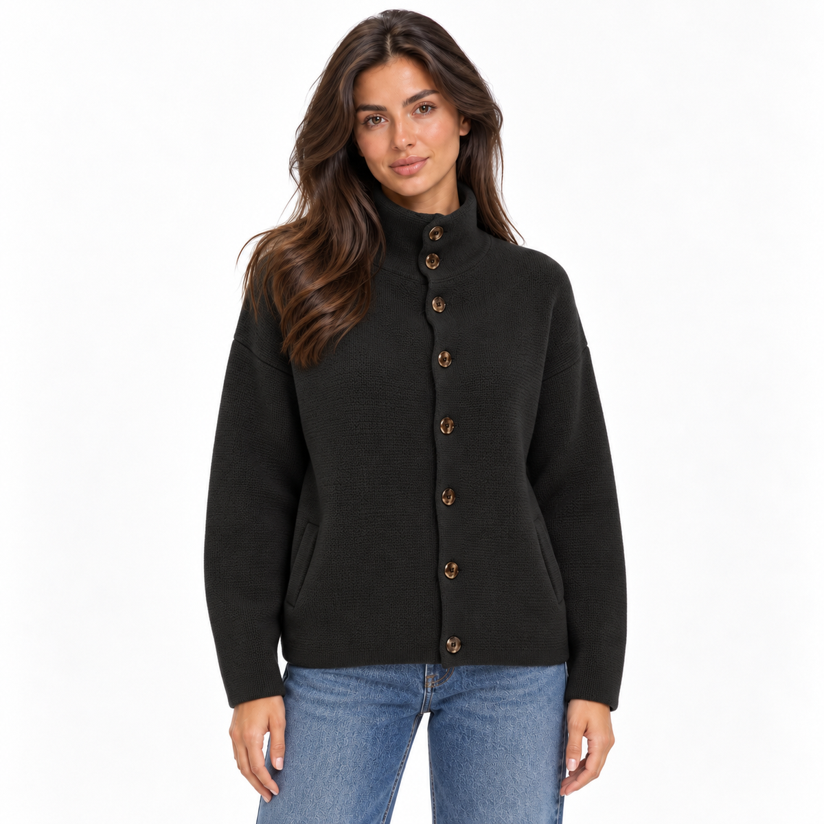 Marlene | Women's Stand-Collar Button-Up Knitted Cardigan – Relaxed Long-Sleeve Layer for Casual Autumn Winter Days and Smart Everyday Wear