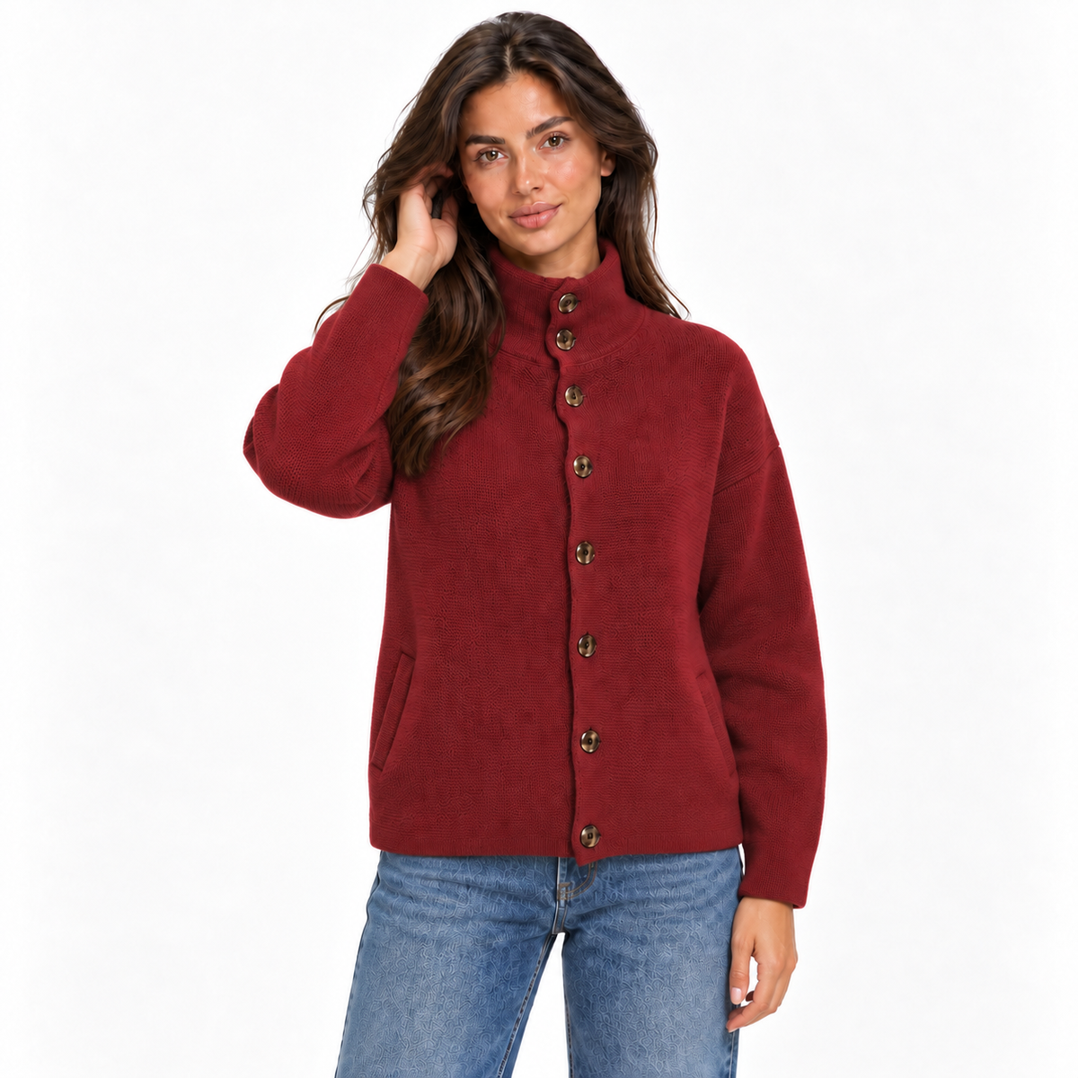 Marlene | Women's Stand-Collar Button-Up Knitted Cardigan – Relaxed Long-Sleeve Layer for Casual Autumn Winter Days and Smart Everyday Wear