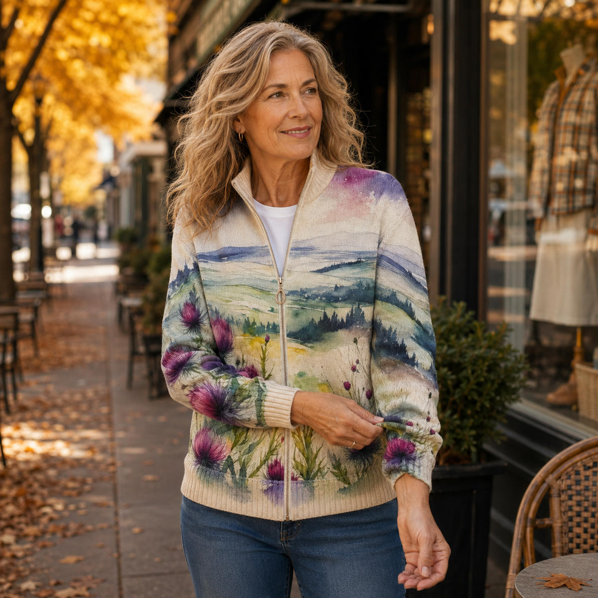 Tilly | Scottish Thistle Landscape Zip Cardigan