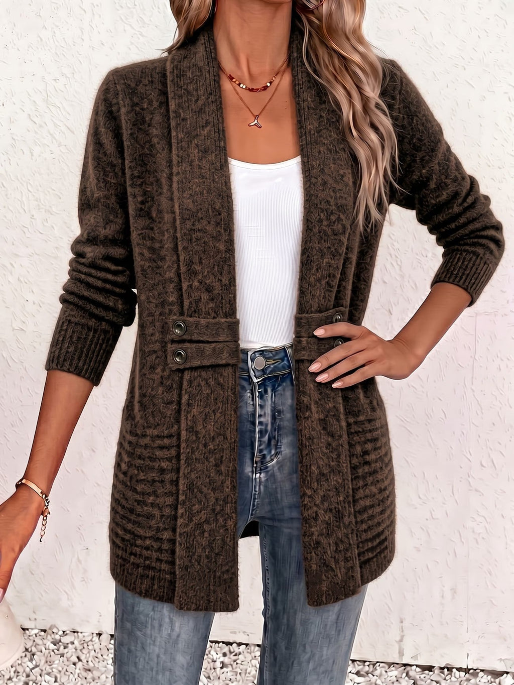 Jane | Chocolate Ribbed Knit Button-Tab Cardigan