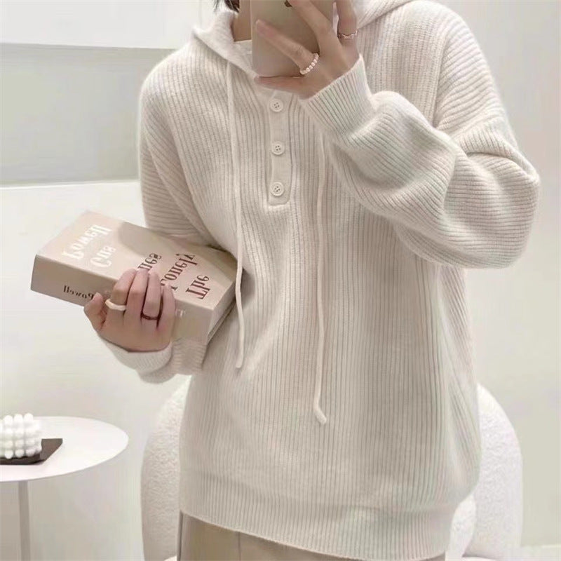Roberta | Women's Hooded Rib-Knit Sweater – Relaxed Button-Neck Pullover for Cosy Everyday Layering
