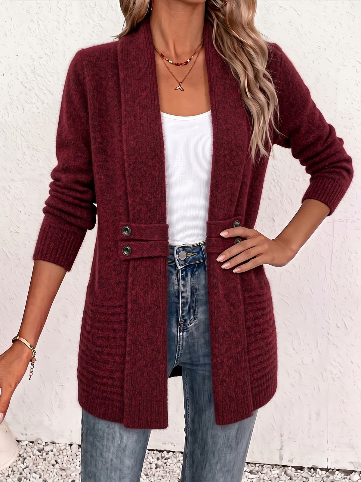 Elise | Burgundy Ribbed Knit Button-Tab Cardigan