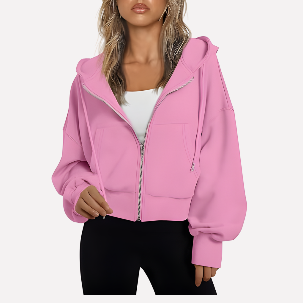 Maureen | Women's Zip Hoodie Relaxed Fit Cropped Drawstring Jacket