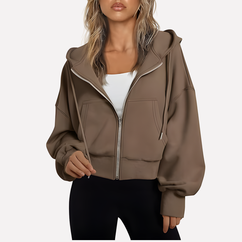 Maureen | Women's Zip Hoodie Relaxed Fit Cropped Drawstring Jacket