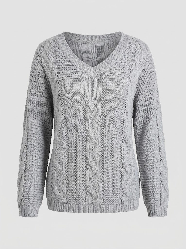 Paula | Women's Off-Shoulder Cable-Knit Sweater – Relaxed V-Neck Pullover for Cosy Seasonal Styling