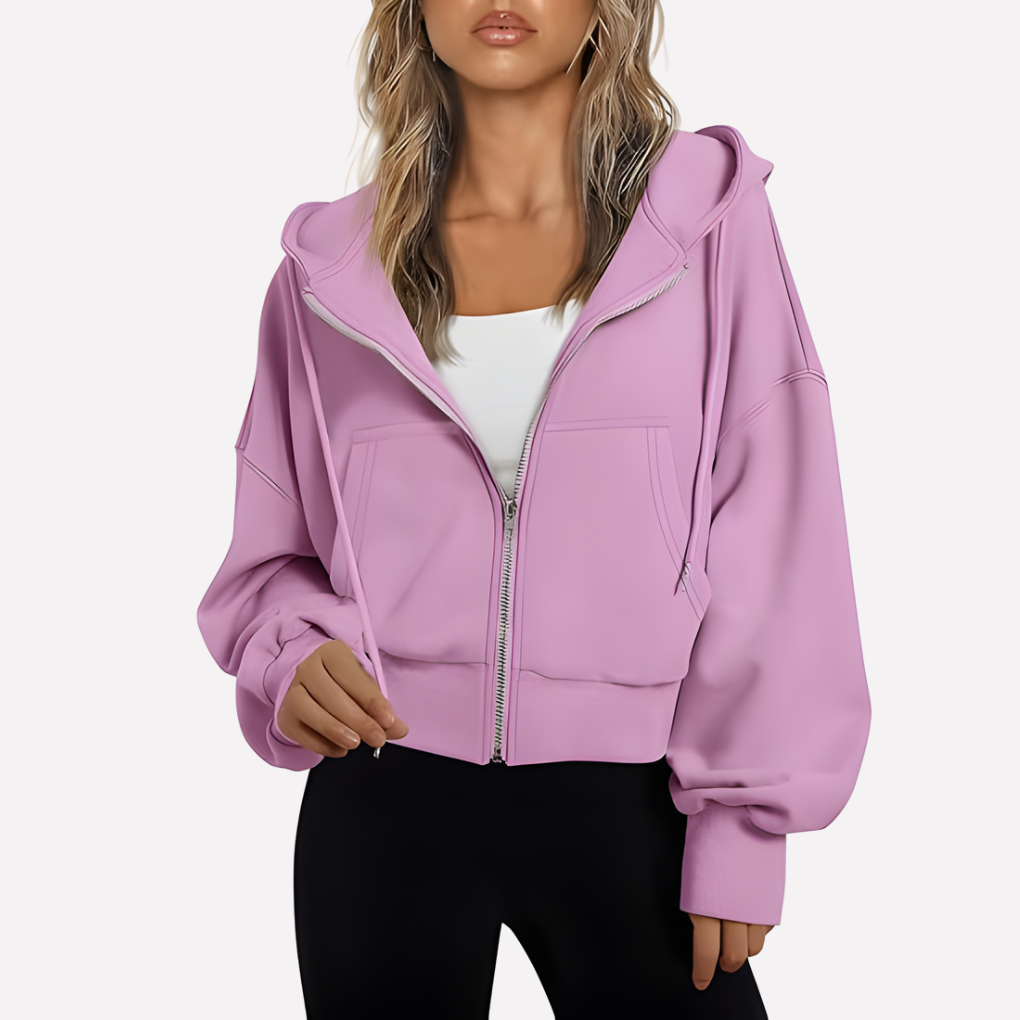 Maureen | Women's Zip Hoodie Relaxed Fit Cropped Drawstring Jacket