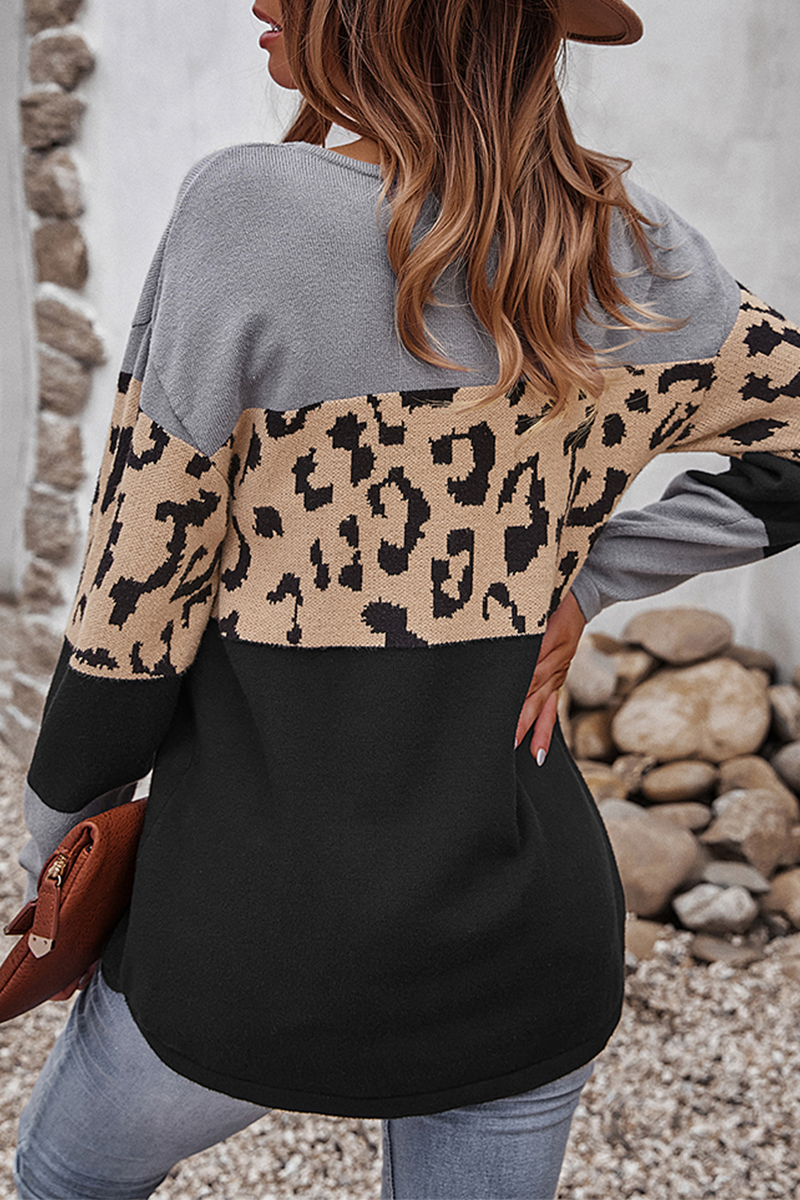 Bridget | Women's Leopard Colour-Block Knit Sweater – Relaxed Long-Sleeve Pullover for Stylish Winter Layering