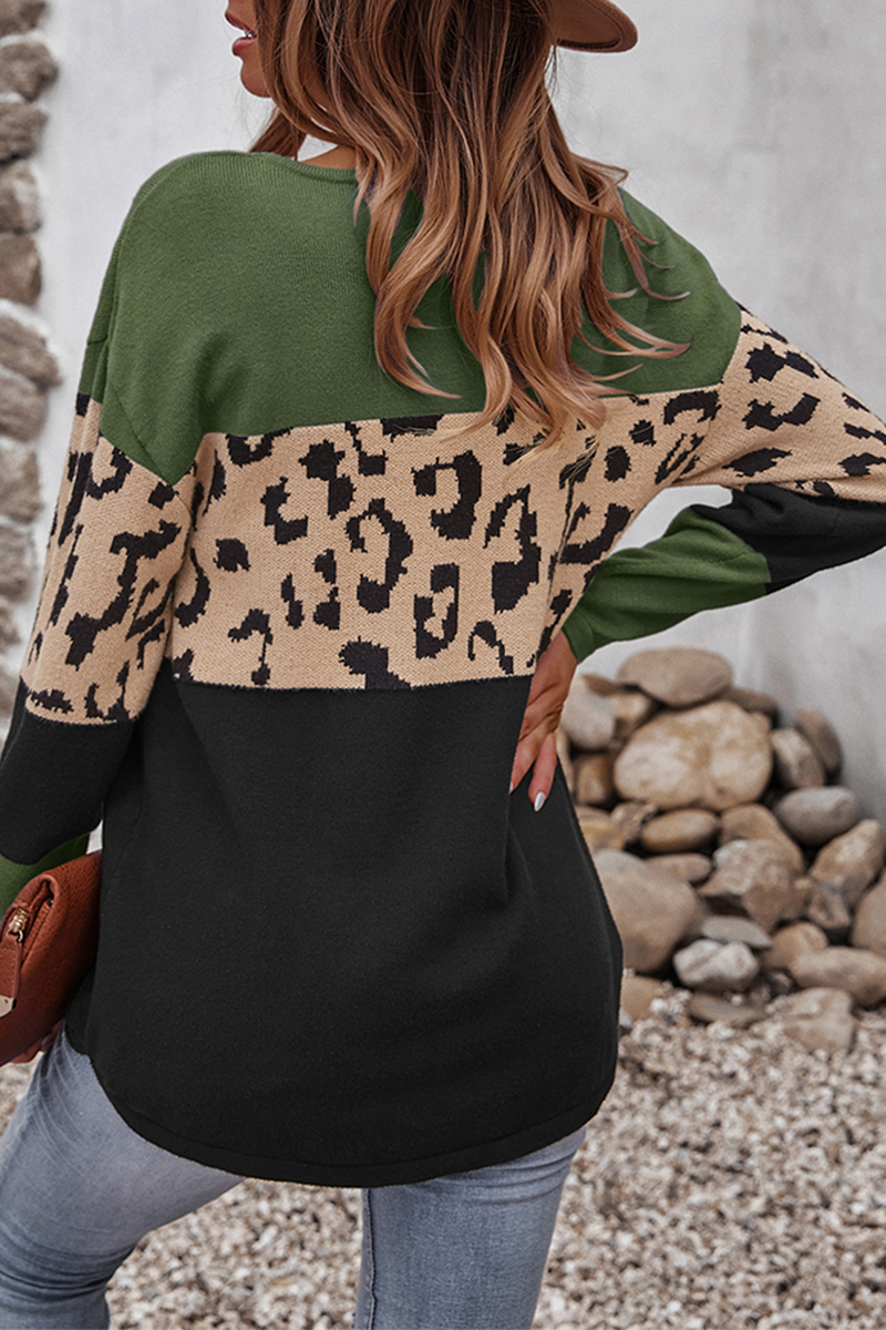 Bridget | Women's Leopard Colour-Block Knit Sweater – Relaxed Long-Sleeve Pullover for Stylish Winter Layering