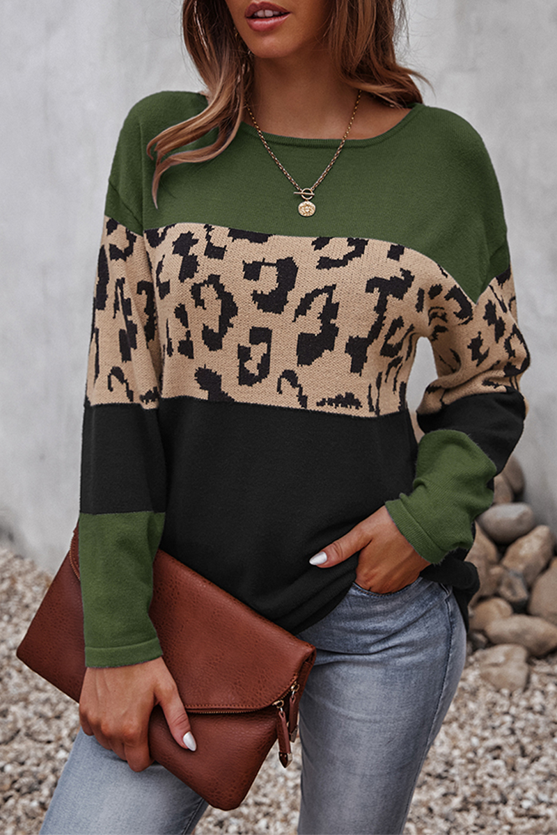 Bridget | Women's Leopard Colour-Block Knit Sweater – Relaxed Long-Sleeve Pullover for Stylish Winter Layering