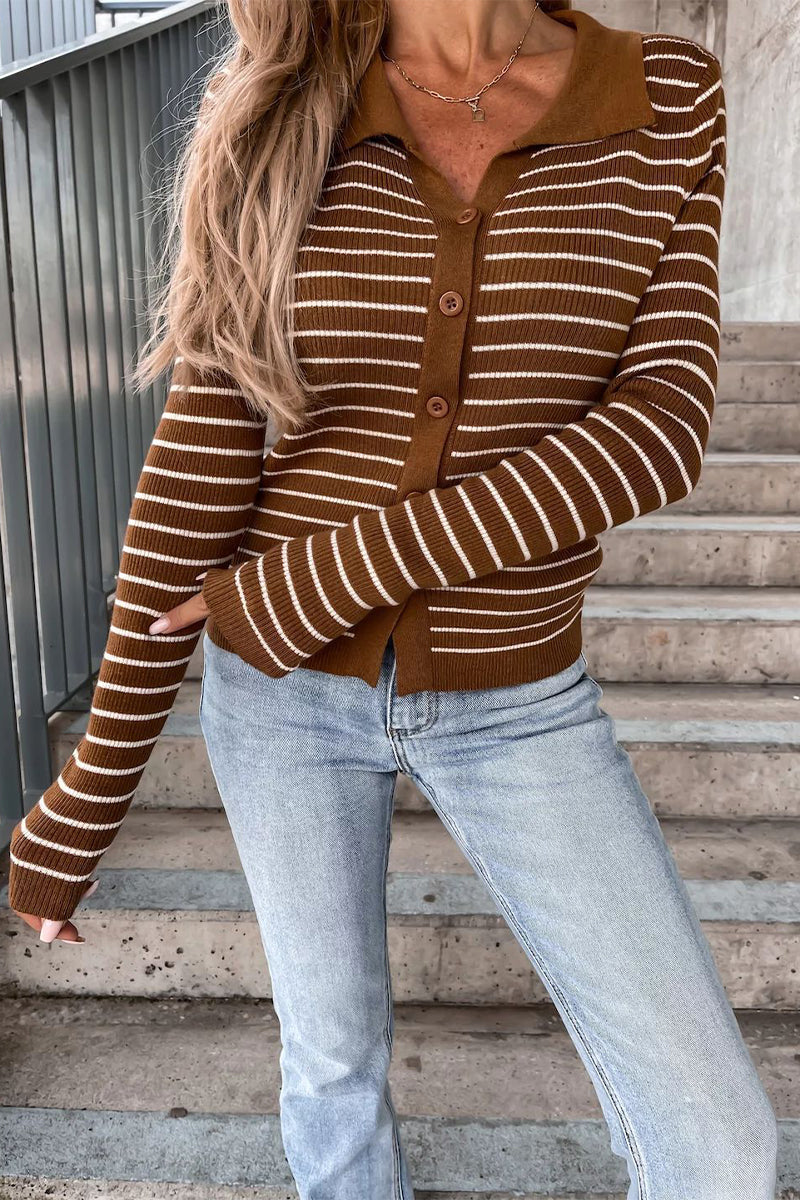 Evelyn | Women's Striped Ribbed Cardigan With Polo Collar