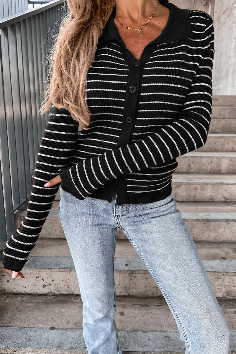 Evelyn | Women's Striped Ribbed Cardigan With Polo Collar