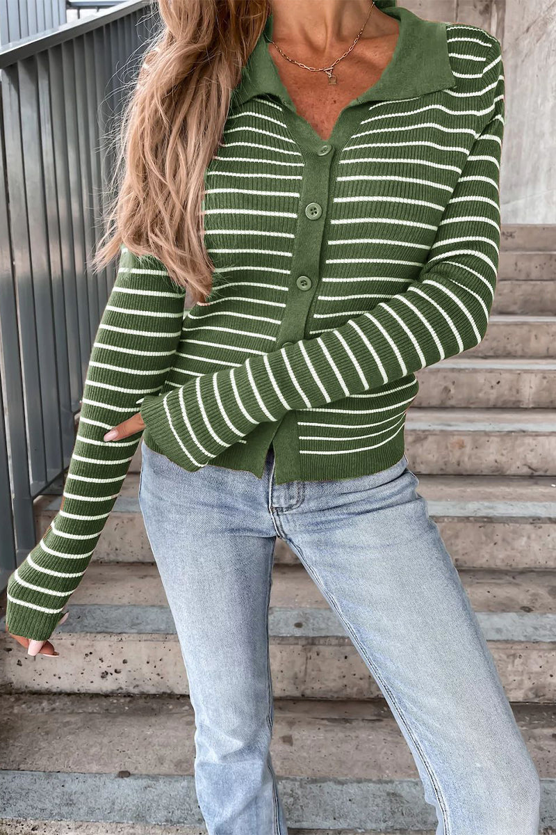 Evelyn | Women's Striped Ribbed Cardigan With Polo Collar