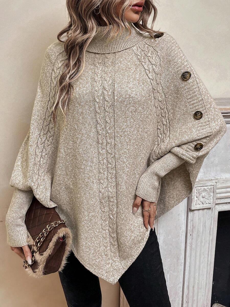 Maxine | High Neck Batwing Poncho Sweater, Asymmetrical Cable Knit Pullover