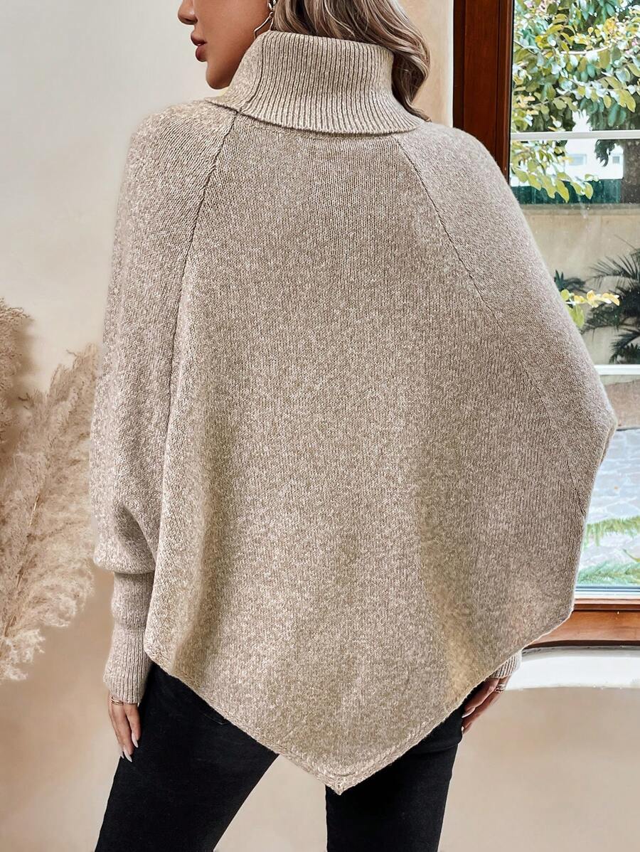 Maxine | High Neck Batwing Poncho Sweater, Asymmetrical Cable Knit Pullover