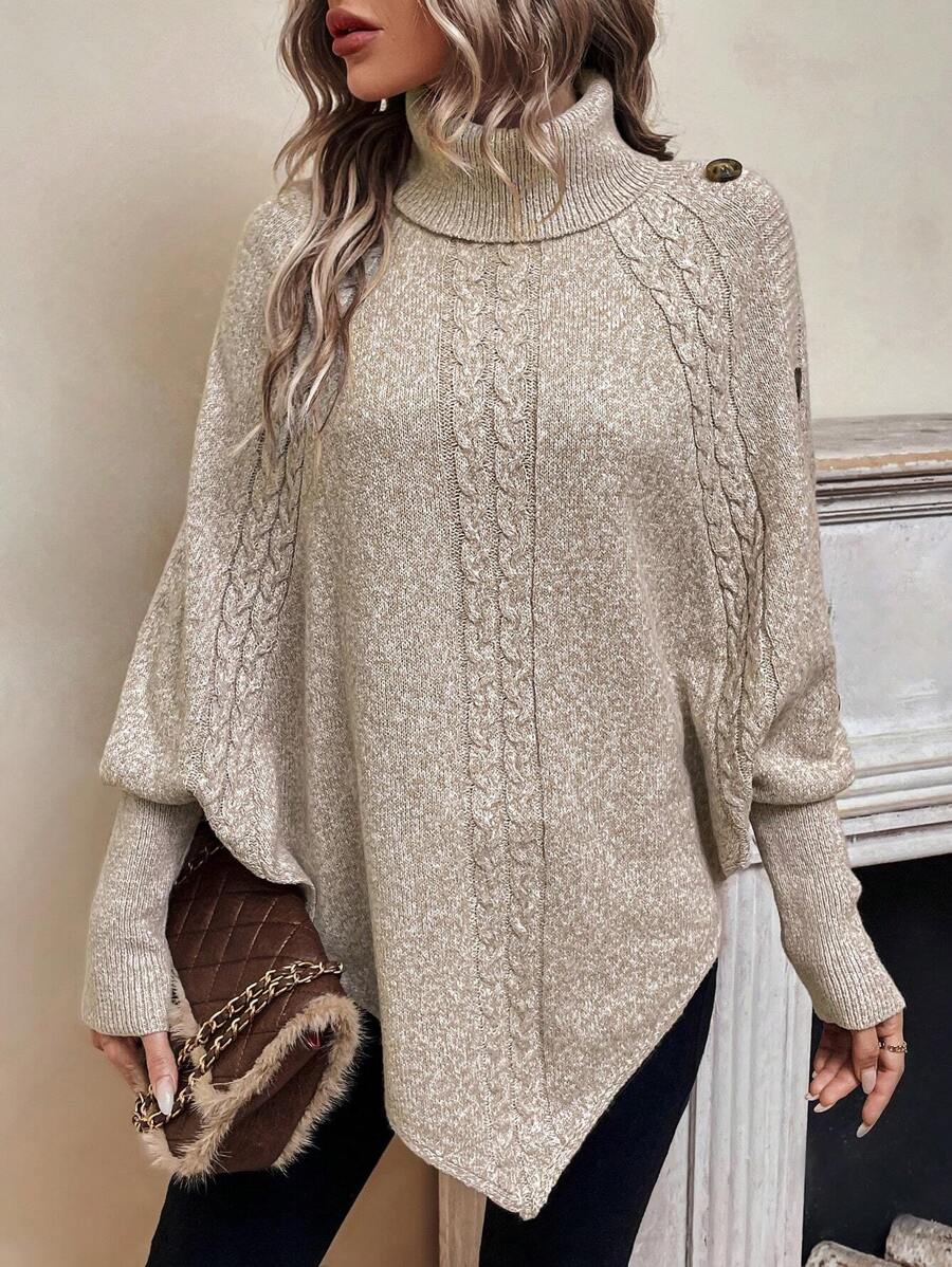 Maxine | High Neck Batwing Poncho Sweater, Asymmetrical Cable Knit Pullover