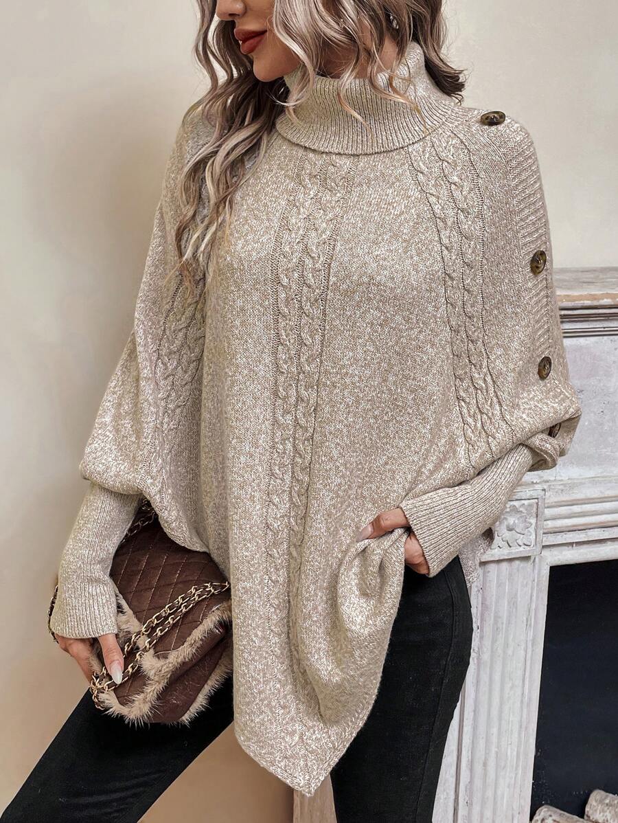 Maxine | High Neck Batwing Poncho Sweater, Asymmetrical Cable Knit Pullover