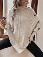Maxine | High Neck Batwing Poncho Sweater, Asymmetrical Cable Knit Pullover