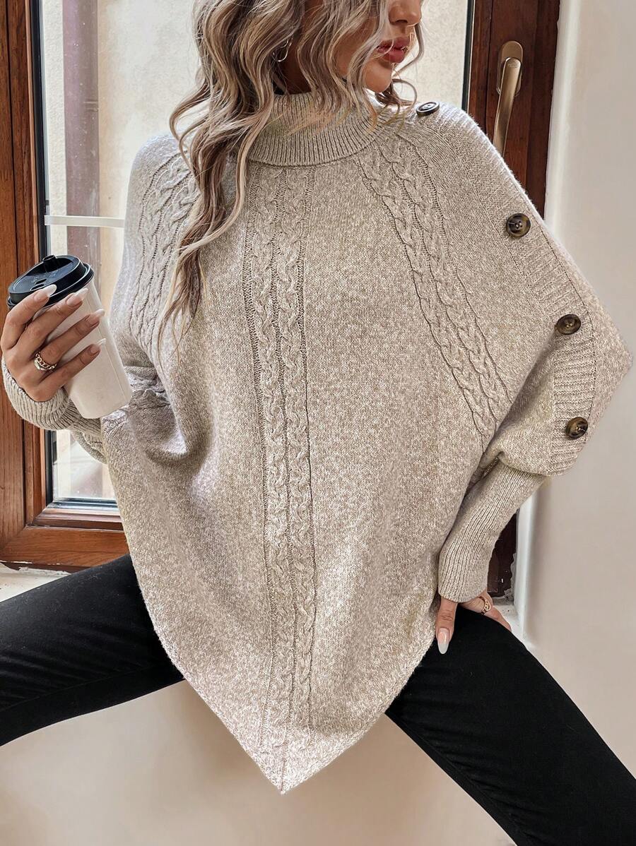 Maxine | High Neck Batwing Poncho Sweater, Asymmetrical Cable Knit Pullover