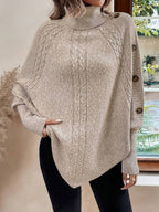 Maxine | High Neck Batwing Poncho Sweater, Asymmetrical Cable Knit Pullover