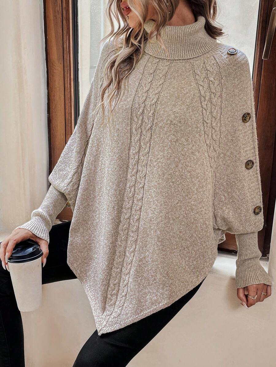 Maxine | High Neck Batwing Poncho Sweater, Asymmetrical Cable Knit Pullover