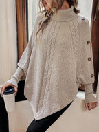 Maxine | High Neck Batwing Poncho Sweater, Asymmetrical Cable Knit Pullover
