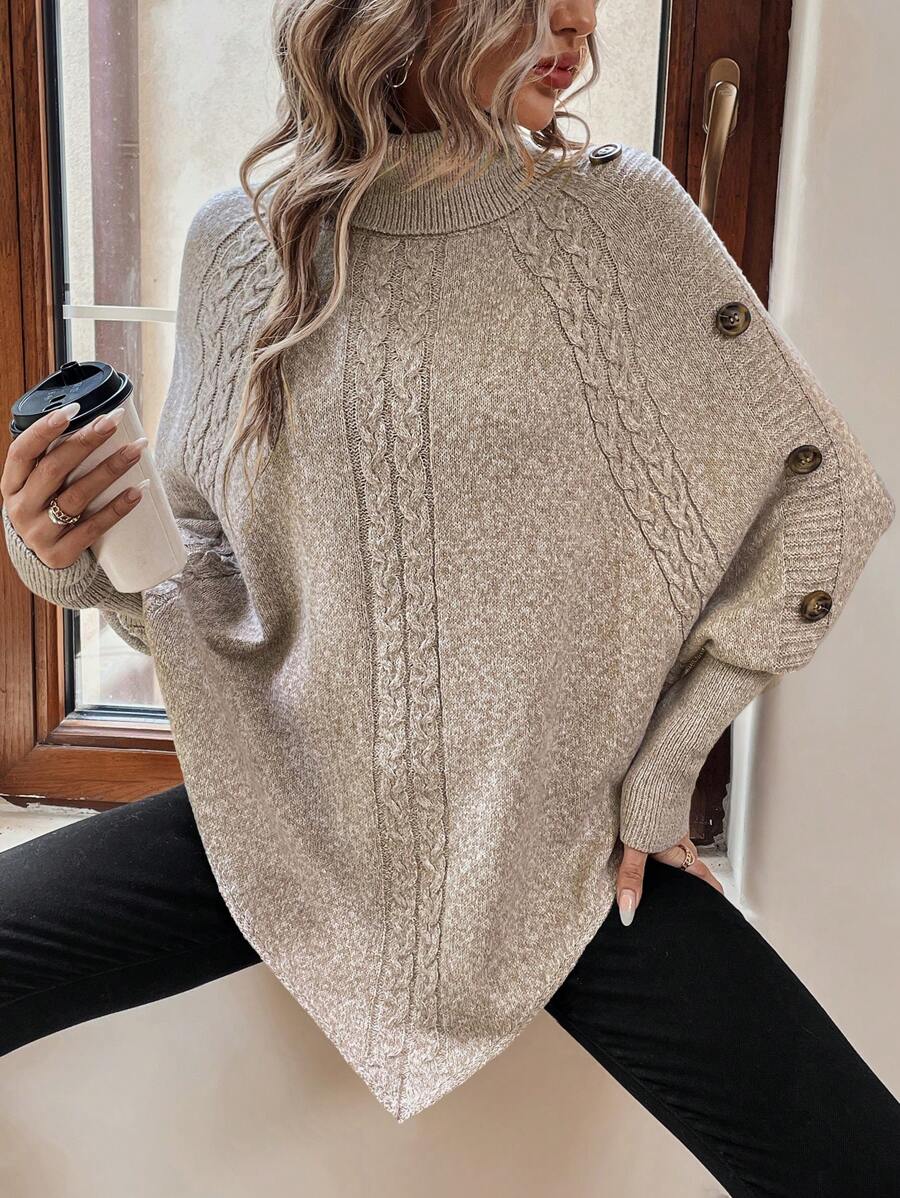 Maxine | High Neck Batwing Poncho Sweater, Asymmetrical Cable Knit Pullover
