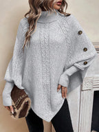 Maxine | High Neck Batwing Poncho Sweater, Asymmetrical Cable Knit Pullover