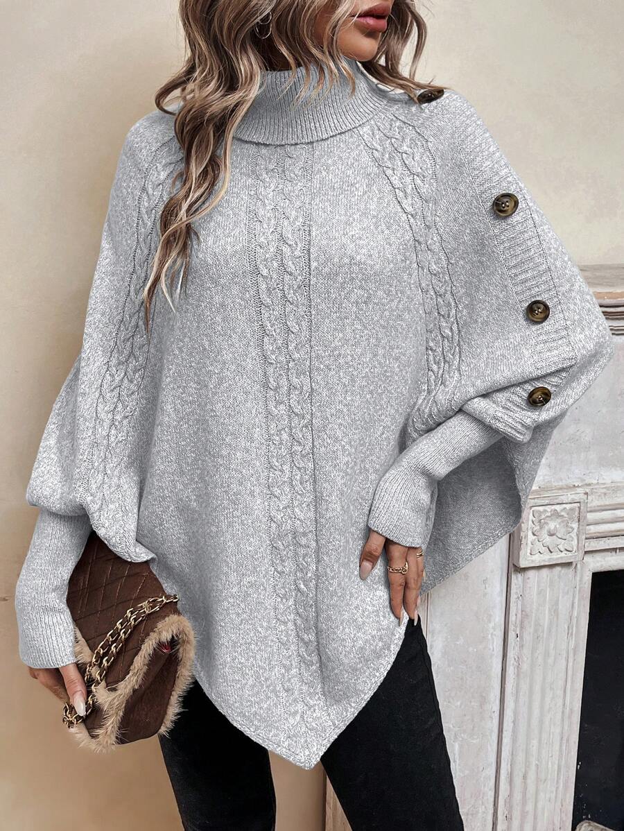 Maxine | High Neck Batwing Poncho Sweater, Asymmetrical Cable Knit Pullover