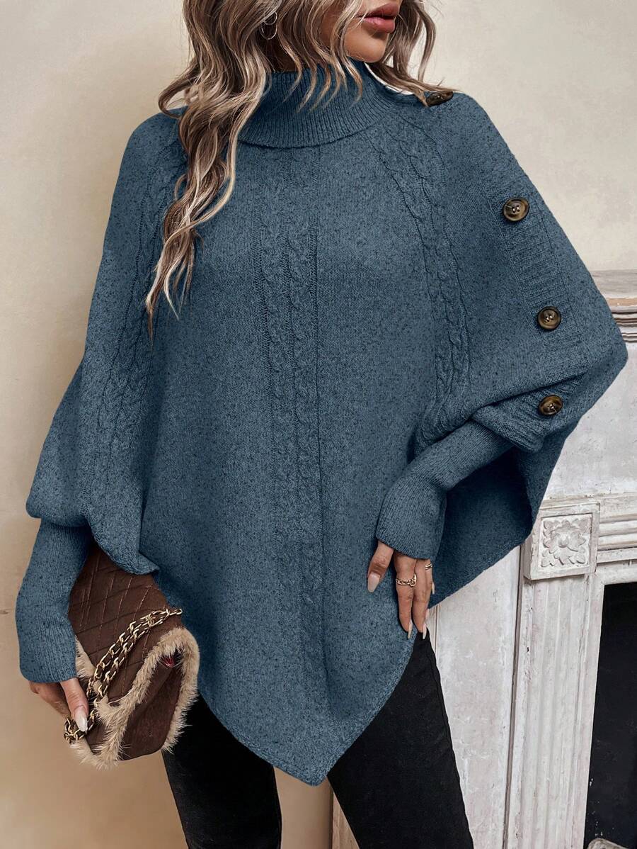 Maxine | High Neck Batwing Poncho Sweater, Asymmetrical Cable Knit Pullover