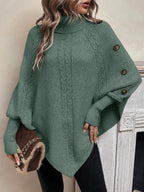 Maxine | High Neck Batwing Poncho Sweater, Asymmetrical Cable Knit Pullover