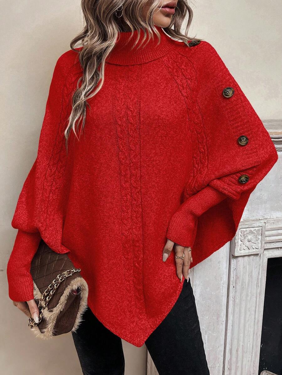 Maxine | High Neck Batwing Poncho Sweater, Asymmetrical Cable Knit Pullover