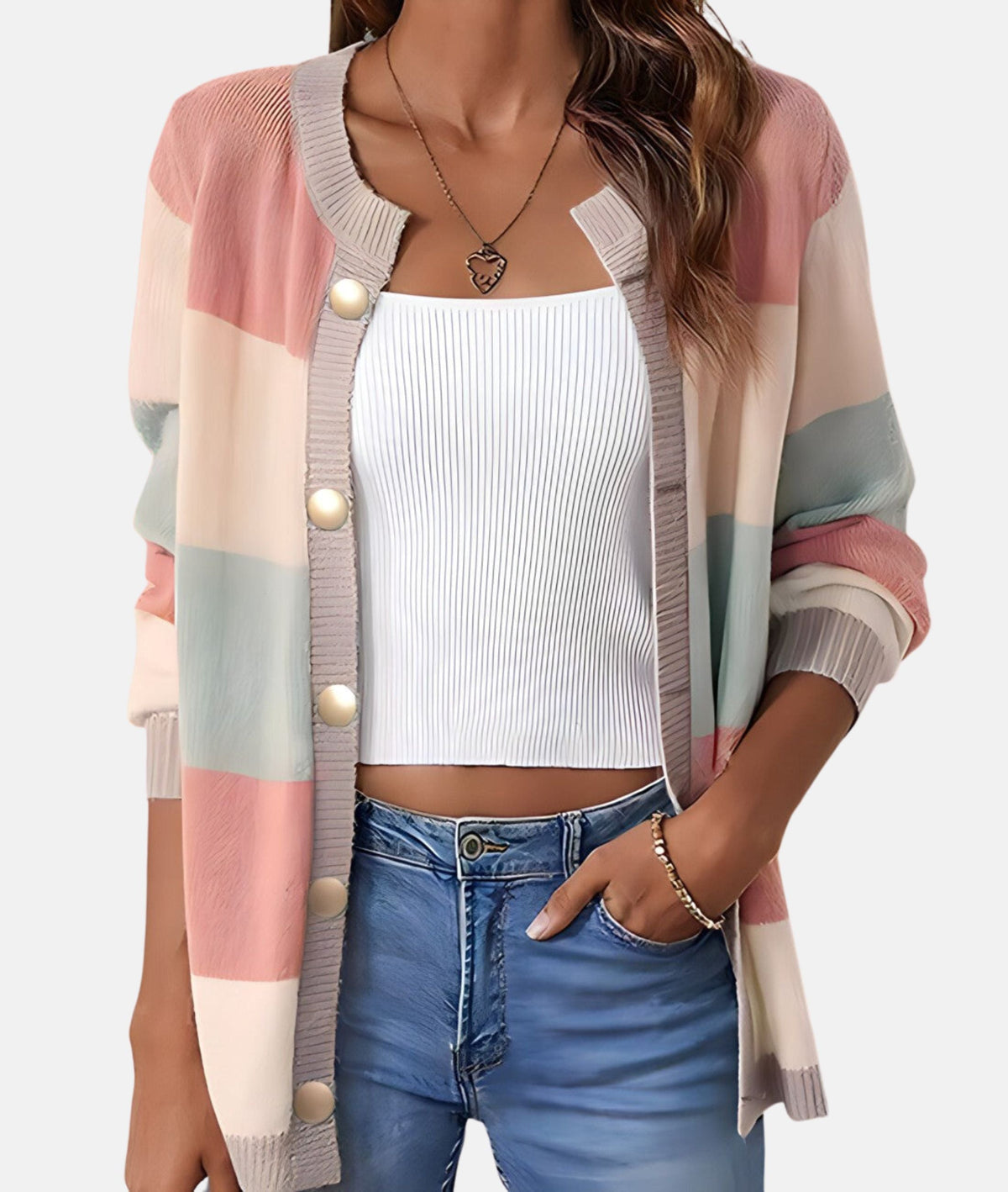 Carol | Women's Colour-Block Button Cardigan – Relaxed Long-Sleeve Knit Layer with Ribbed Trim for Everyday Styling