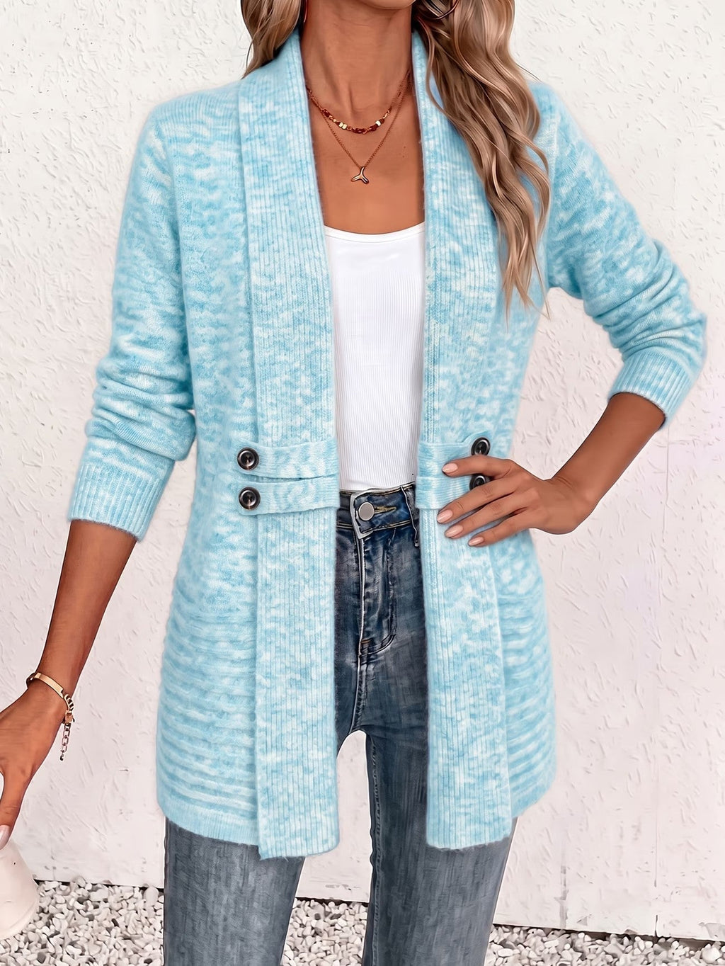 Beverly | Aqua Ribbed Knit Button-Tab Cardigan