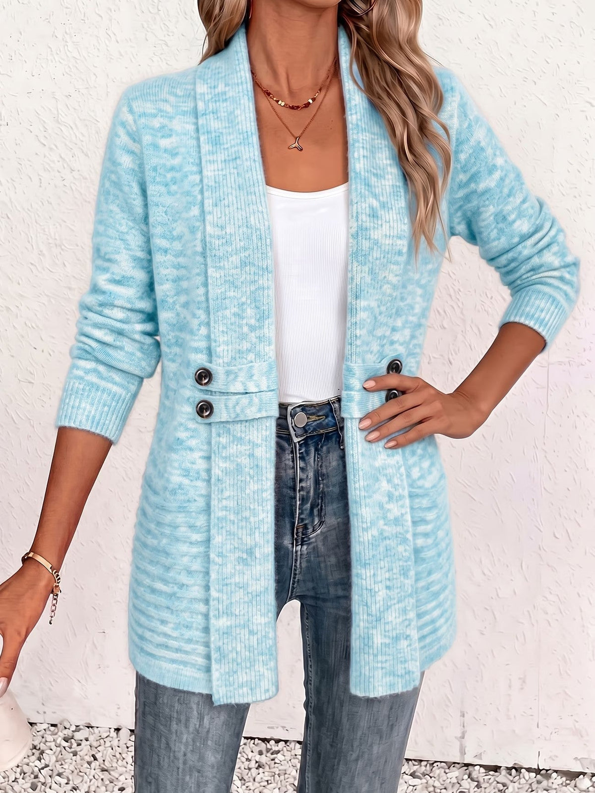 Beverly | Aqua Ribbed Knit Button-Tab Cardigan