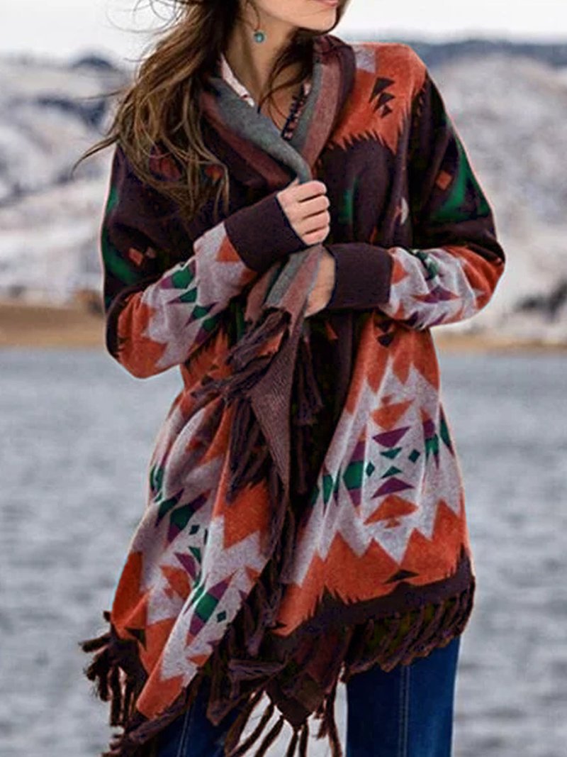 Ursula | Women's Patterned Fringed Wrap Cardigan – Relaxed Layer for Cooler Seasons