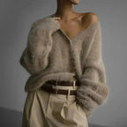 Andrea | Women's Fluffy V-Neck Cardigan – Soft Relaxed Button-Up Knit for Autumn and Winter