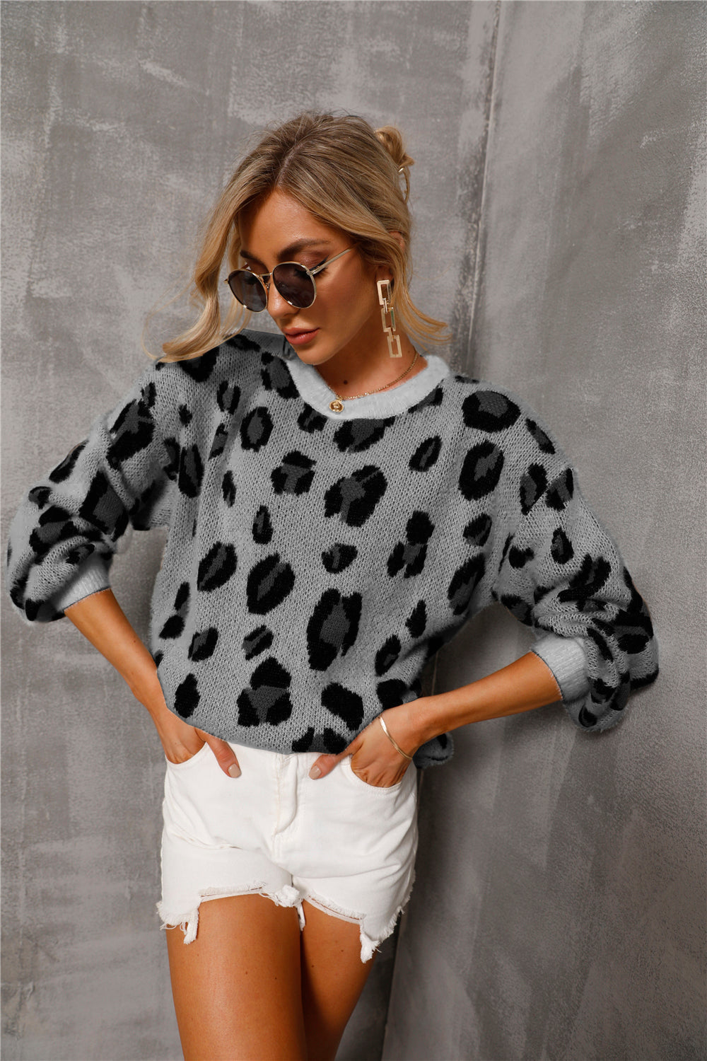 Pauline | Women's Fluffy Leopard Knit Sweater – Relaxed Crew-Neck Pullover for Casual Layering