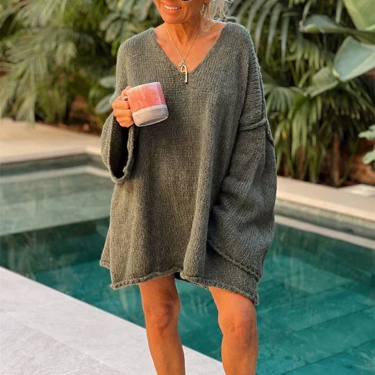 Jean | Women's Oversized V-Neck Knitted Sweater – Relaxed Longline Lightweight Style for Casual Spring Days and Everyday Layering