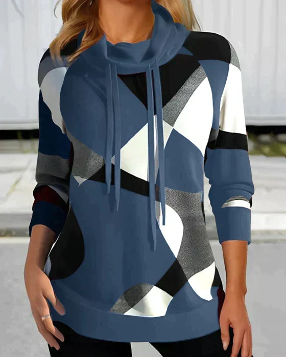 Autumn | Women's Abstract Colour-Block Cowl-Neck Sweatshirt – Relaxed Pullover for Stylish Everyday Wear
