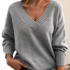 Amanda | Women's Deep V-Neck Knitted Jumper Relaxed Long Sleeve Pullover