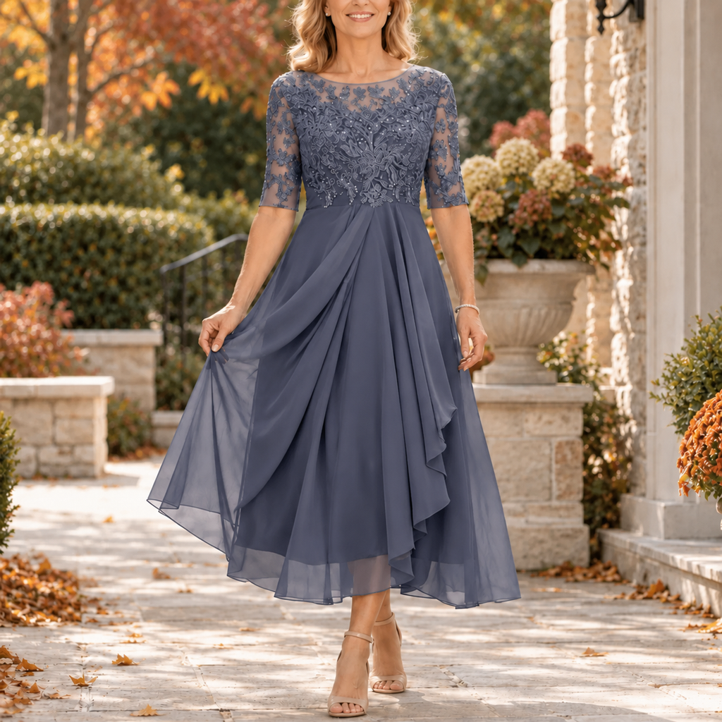 Joan | Lace Bodice Draped Midi Dress