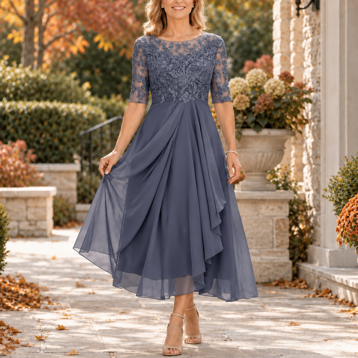 Joan | Lace Bodice Draped Midi Dress