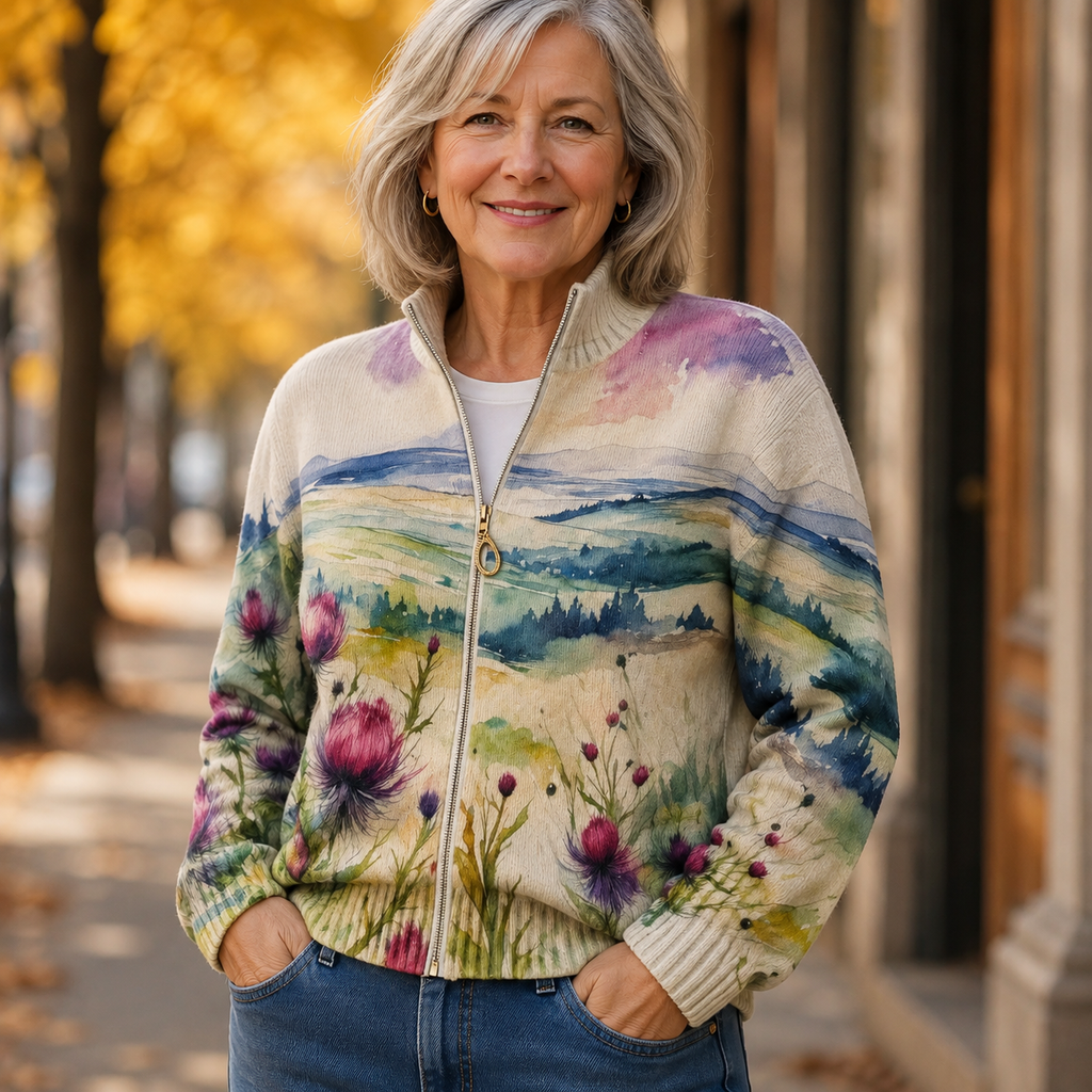 Tilly | Scottish Thistle Landscape Zip Cardigan