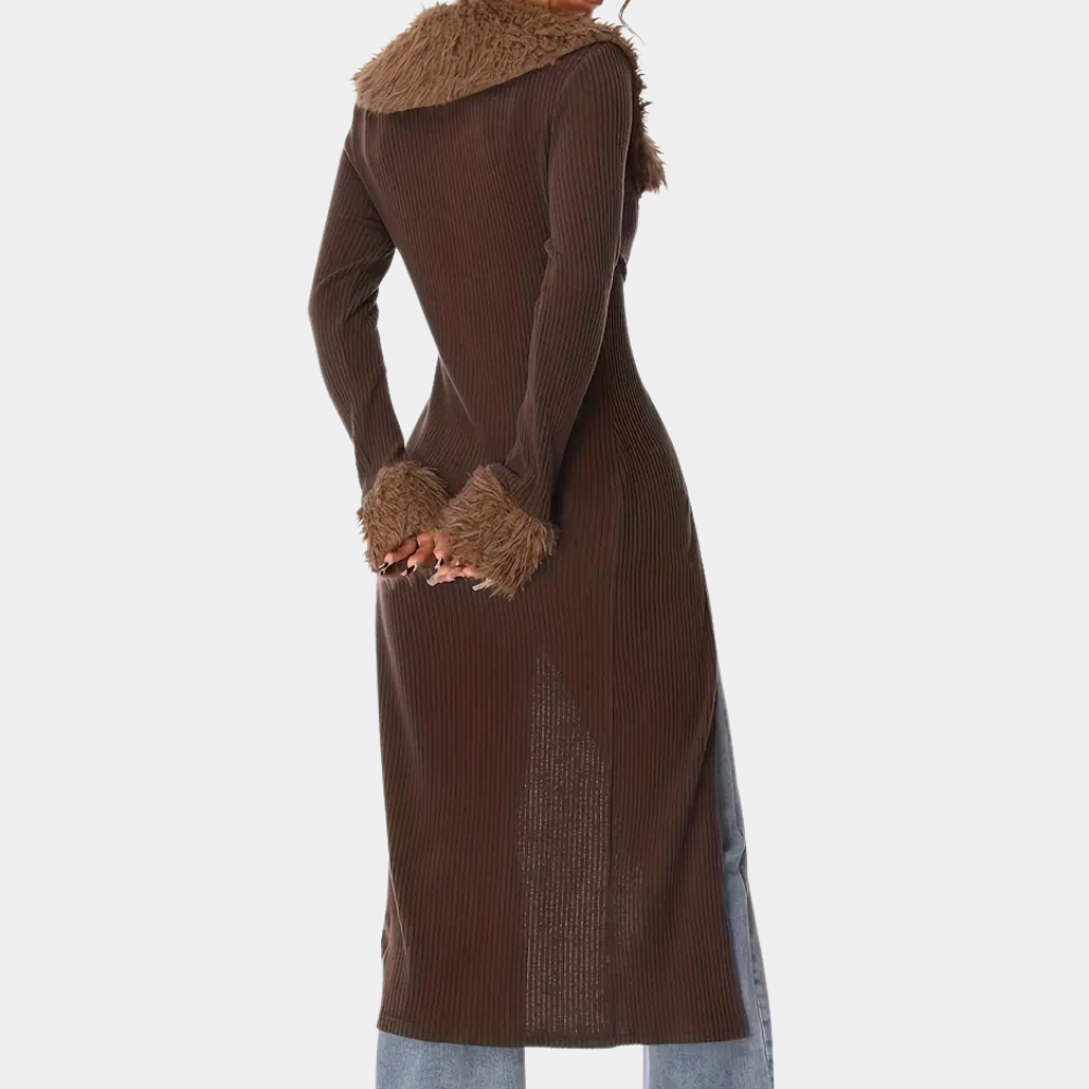 Naomi | Women's Longline Knitted Cardigan with Faux-Fur Trim – Fitted Statement Layer for Autumn Winter Evening and Everyday Wear