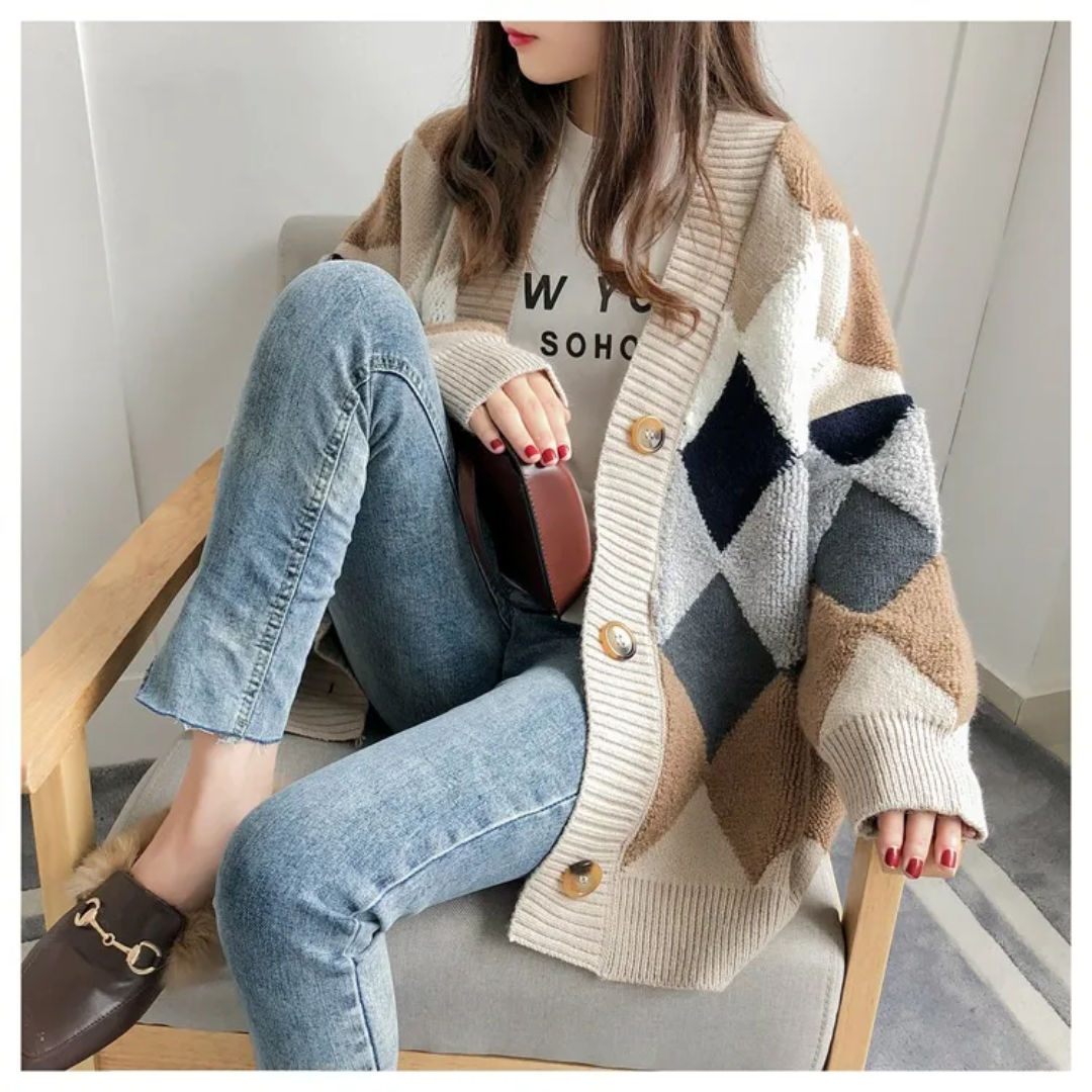 Maria | Women's Printed Oversized Cardigan – Soft V-Neck Button-Up Knit for Autumn Layering