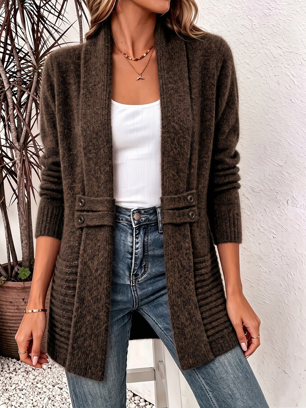 Jane | Chocolate Ribbed Knit Button-Tab Cardigan