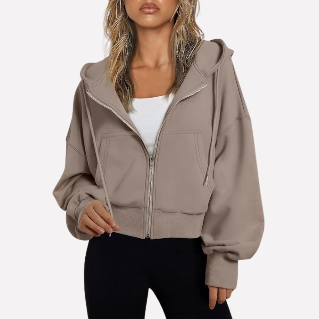 Maureen | Women's Zip Hoodie Relaxed Fit Cropped Drawstring Jacket
