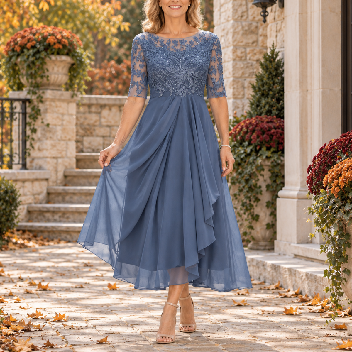 Joan | Lace Bodice Draped Midi Dress