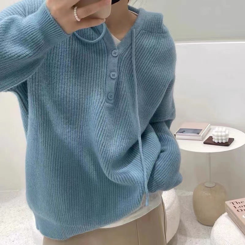 Roberta | Women's Hooded Rib-Knit Sweater – Relaxed Button-Neck Pullover for Cosy Everyday Layering